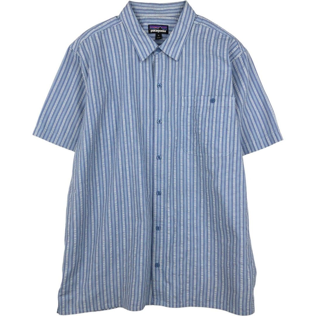 Patagonia 53004SP18 Check Pattern Seersucker Short Sleeve Poly-Cotton Shirt, Boxy Shirt, Men's XL Equivalent polyester Blue type light blue Vintage Second Hand