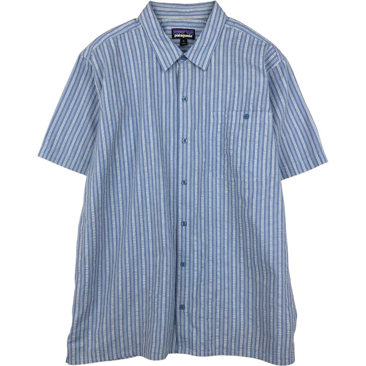 Patagonia 53004SP18 Check Pattern Seersucker Short Sleeve Poly-Cotton Shirt, Boxy Shirt, Men's XL Equivalent polyester Blue type light blue Vintage Second Hand