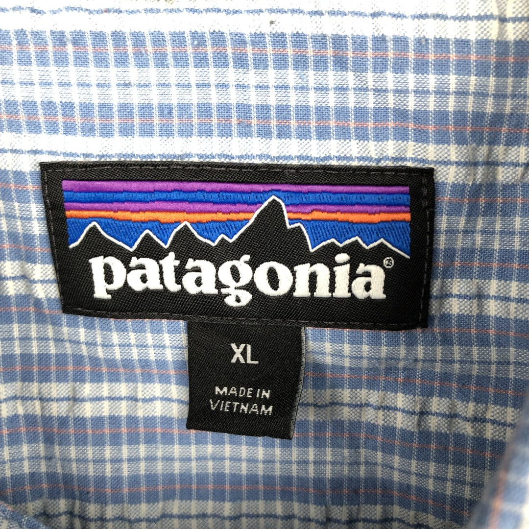 Patagonia 53004SP18 Check Pattern Seersucker Short Sleeve Poly-Cotton Shirt, Boxy Shirt, Men's XL Equivalent polyester Blue type light blue Vintage Second Hand