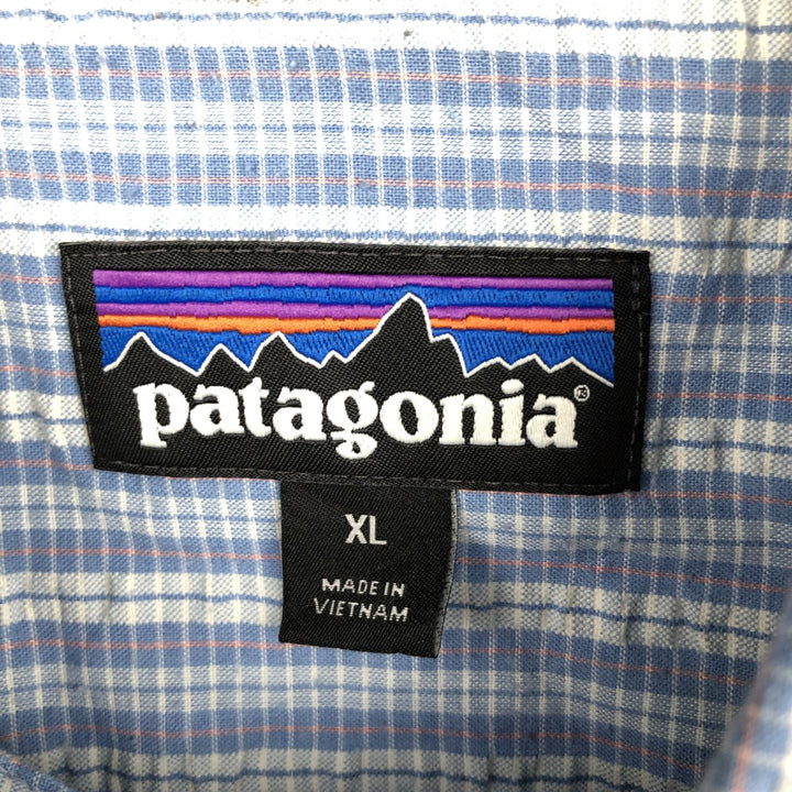 Patagonia 53004SP18 Check Pattern Seersucker Short Sleeve Poly-Cotton Shirt, Boxy Shirt, Men's XL Equivalent polyester Blue type light blue Vintage Second Hand