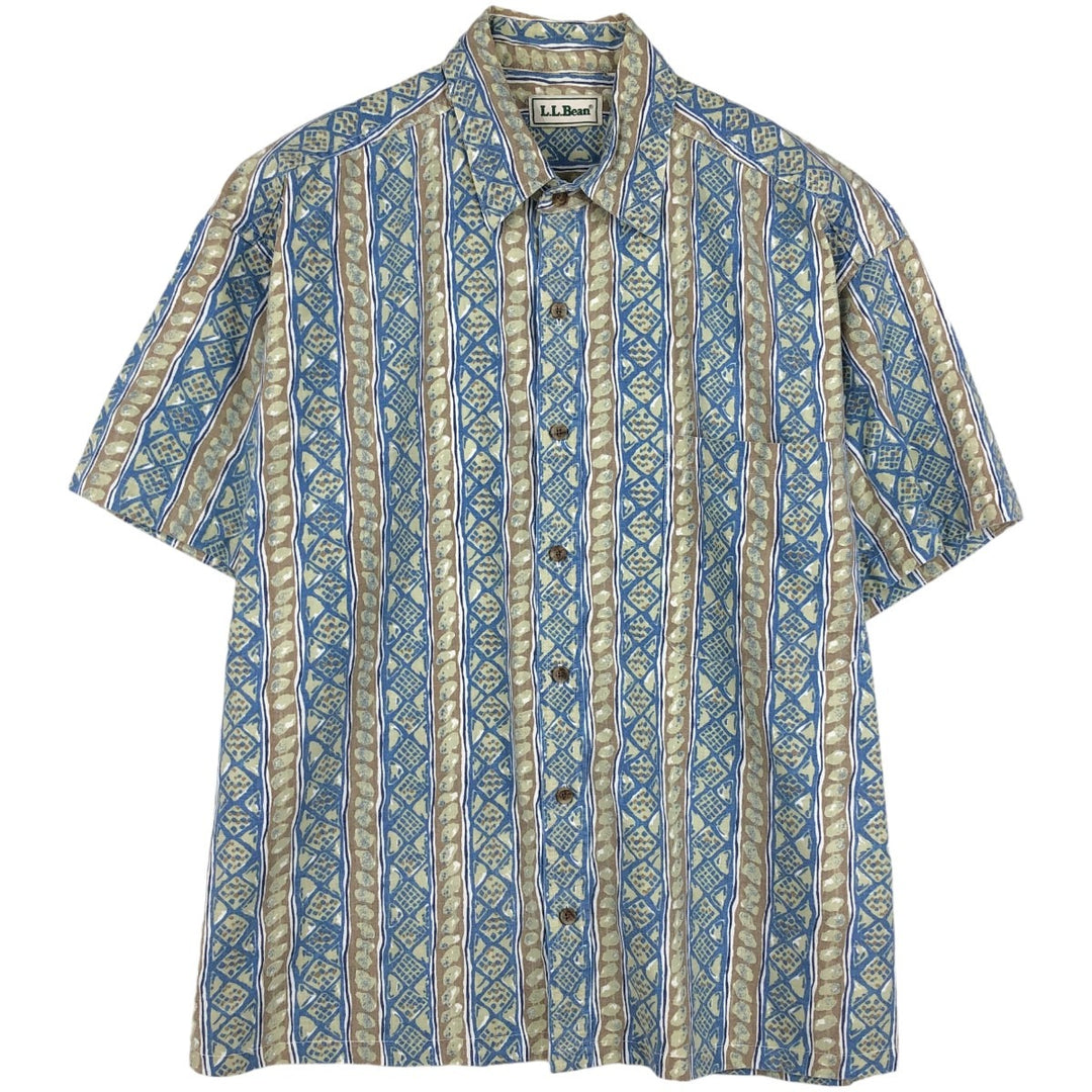 ~90'S LLBean all-over print short-sleeved cotton shirt, boxy style, men's size L equivalent, vintage. unclear blue type Vintage Second Hand