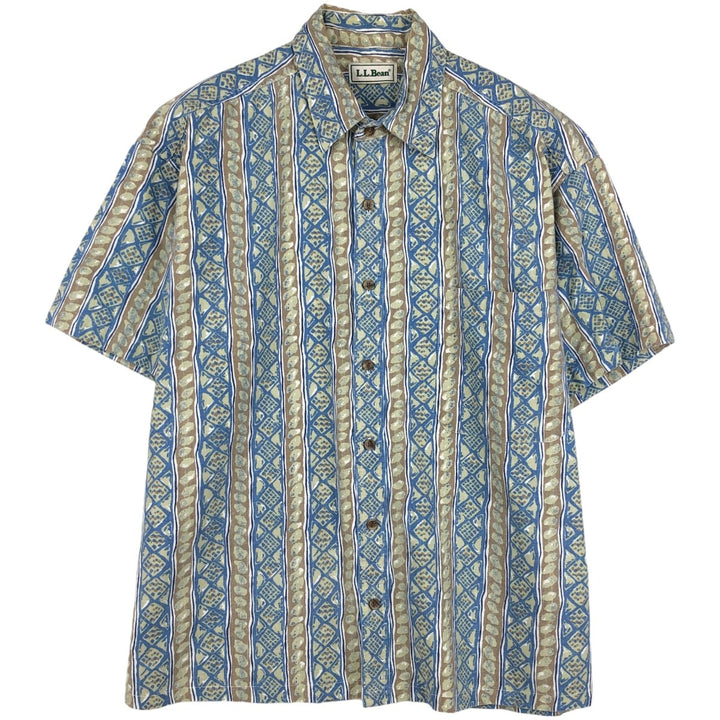 ~90'S LLBean all-over print short-sleeved cotton shirt, boxy style, men's size L equivalent, vintage. unclear blue type Vintage Second Hand