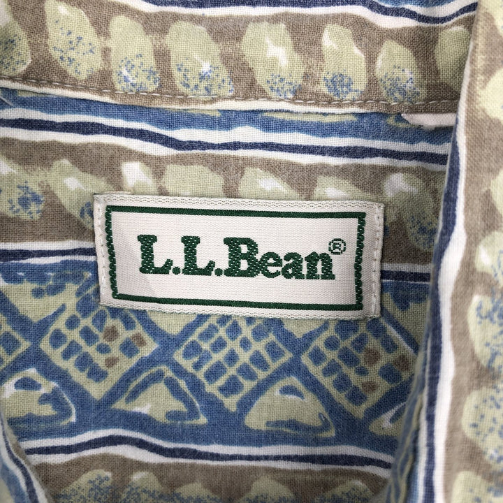 ~90'S LLBean all-over print short-sleeved cotton shirt, boxy style, men's size L equivalent, vintage. unclear blue type Vintage Second Hand