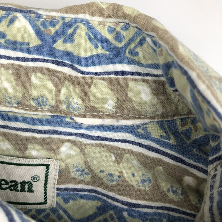 ~90'S LLBean all-over print short-sleeved cotton shirt, boxy style, men's size L equivalent, vintage. unclear blue type Vintage Second Hand