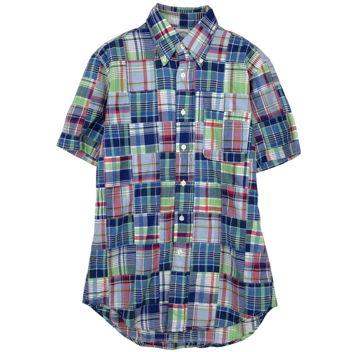 Brooks Brothers 1818 Patchwork Short-Sleeve Button-Down Check Shirt, Men's Size S (approx.) cotton navy blue type Vintage Second Hand
