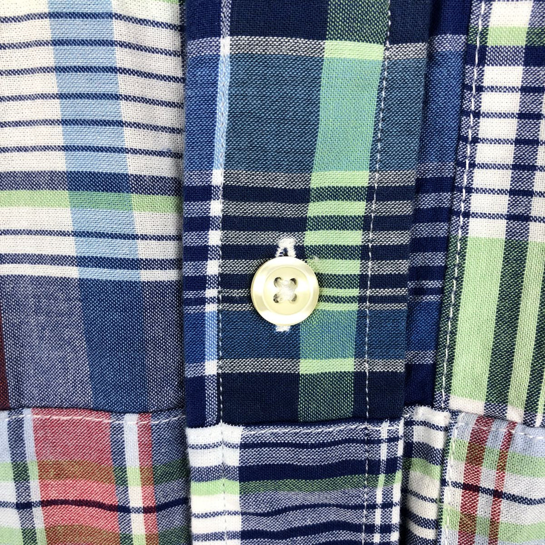 Brooks Brothers 1818 Patchwork Short-Sleeve Button-Down Check Shirt, Men's Size S (approx.) cotton navy blue type Vintage Second Hand