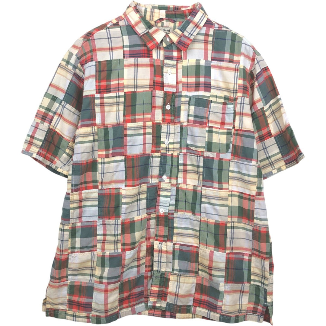 90s-00'S L.L.Bean Madras Check Patchwork Short-Sleeve Cotton Check Shirt, Boxy Shirt, Men's Size L (approx.) cotton green type Vintage Second Hand