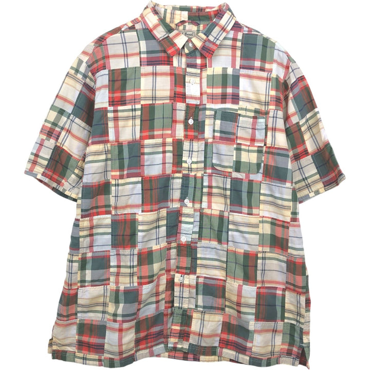 90s-00'S L.L.Bean Madras Check Patchwork Short-Sleeve Cotton Check Shirt, Boxy Shirt, Men's Size L (approx.) cotton green type Vintage Second Hand