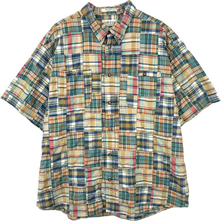 Orvis patchwork short-sleeved button-down check shirt, men's size XXL equivalent. cotton green type Vintage Second Hand