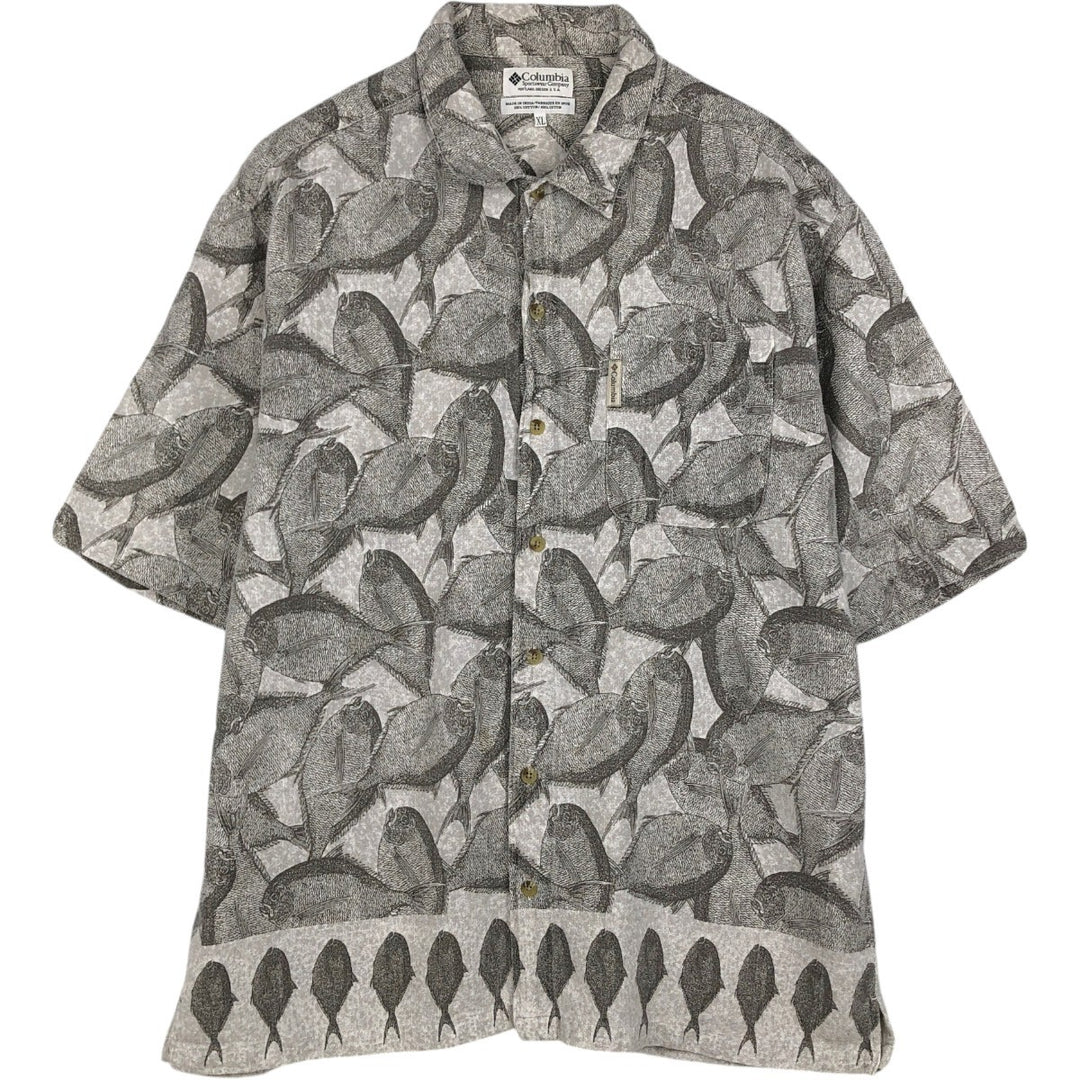 90s-00'S Columbia all-over fish print short-sleeved cotton shirt, boxy style, men's size XL equivalent, vintage. cotton gray type Vintage Second Hand