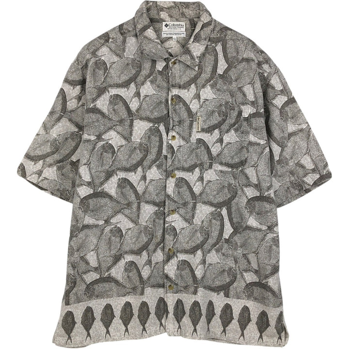90s-00'S Columbia all-over fish print short-sleeved cotton shirt, boxy style, men's size XL equivalent, vintage. cotton gray type Vintage Second Hand