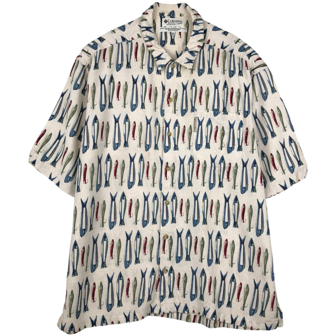 90s-00'S Columbia all-over print short-sleeved rayon box shirt, men's size XXL equivalent, vintage. Rayon ivory Vintage Second Hand