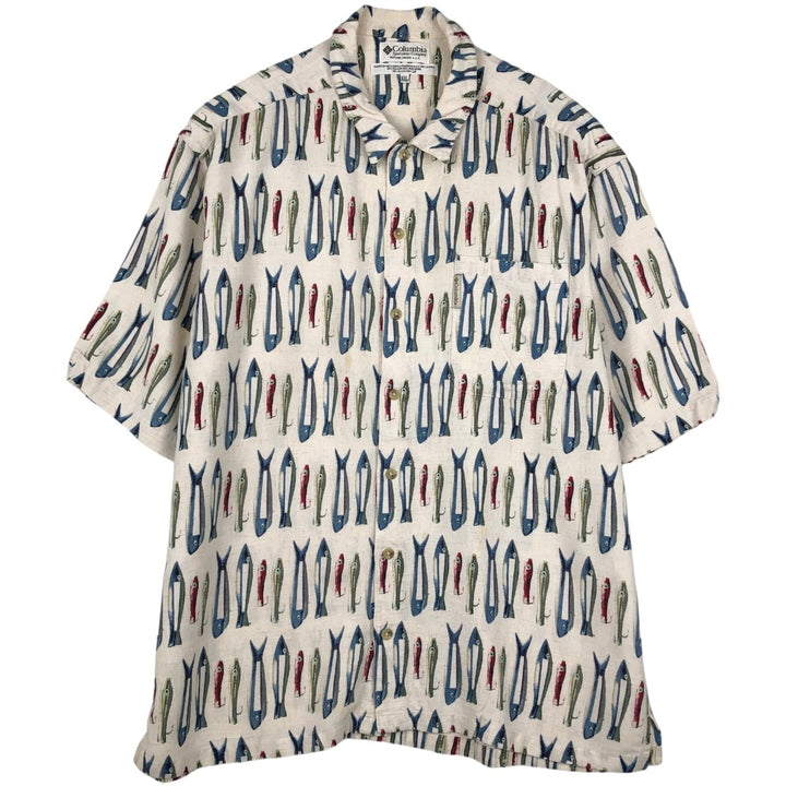 90s-00'S Columbia all-over print short-sleeved rayon box shirt, men's size XXL equivalent, vintage. Rayon ivory Vintage Second Hand
