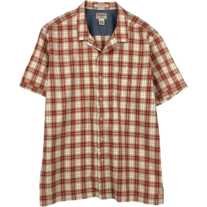 90s-00'S L.L.Bean SLIGHTLY FITTED Check Pattern Short-Sleeve Open Collar Cotton Shirt, Boxy Shirt, Men's XL equivalent. cotton ivory Vintage Second Hand