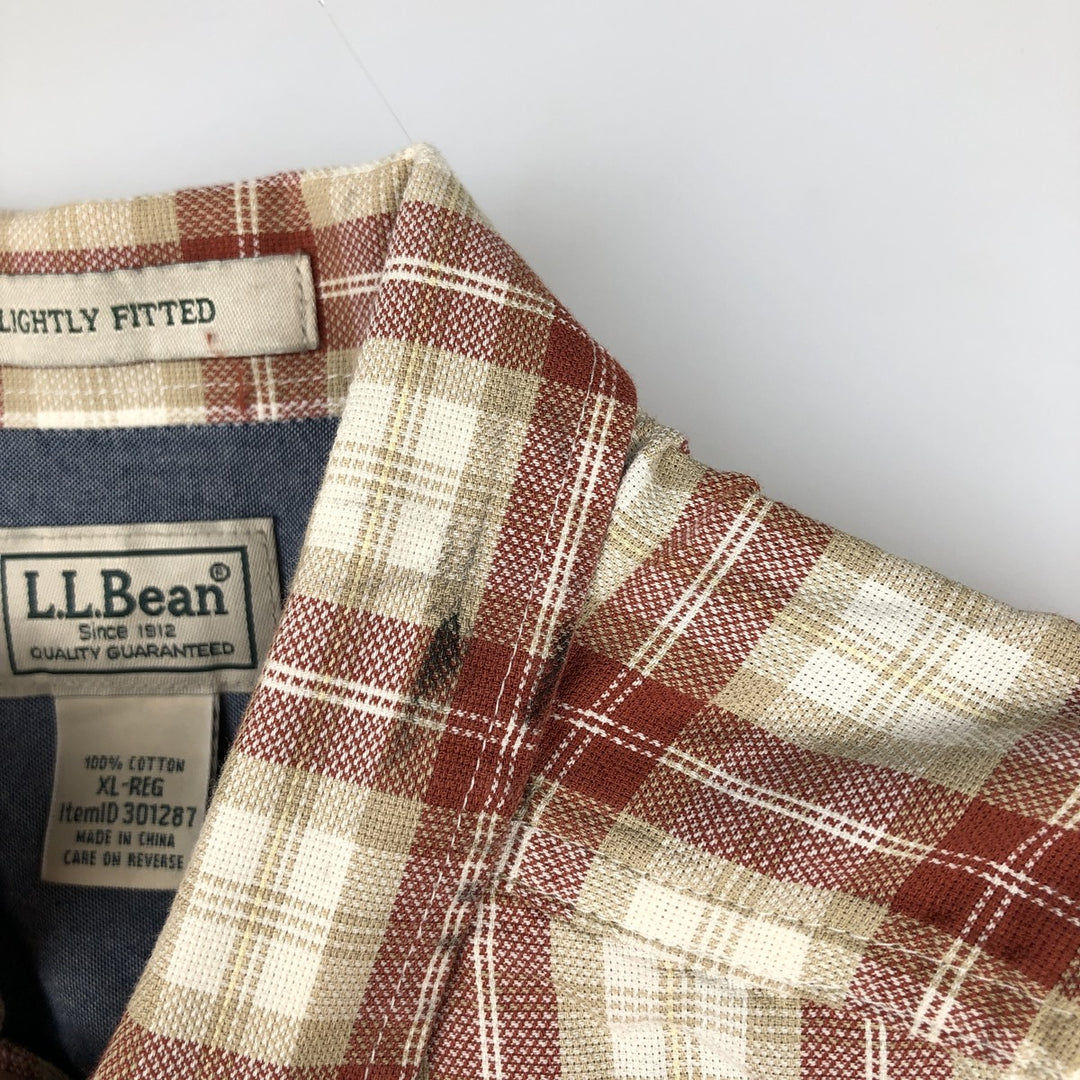 90s-00'S L.L.Bean SLIGHTLY FITTED Check Pattern Short-Sleeve Open Collar Cotton Shirt, Boxy Shirt, Men's XL equivalent. cotton ivory Vintage Second Hand