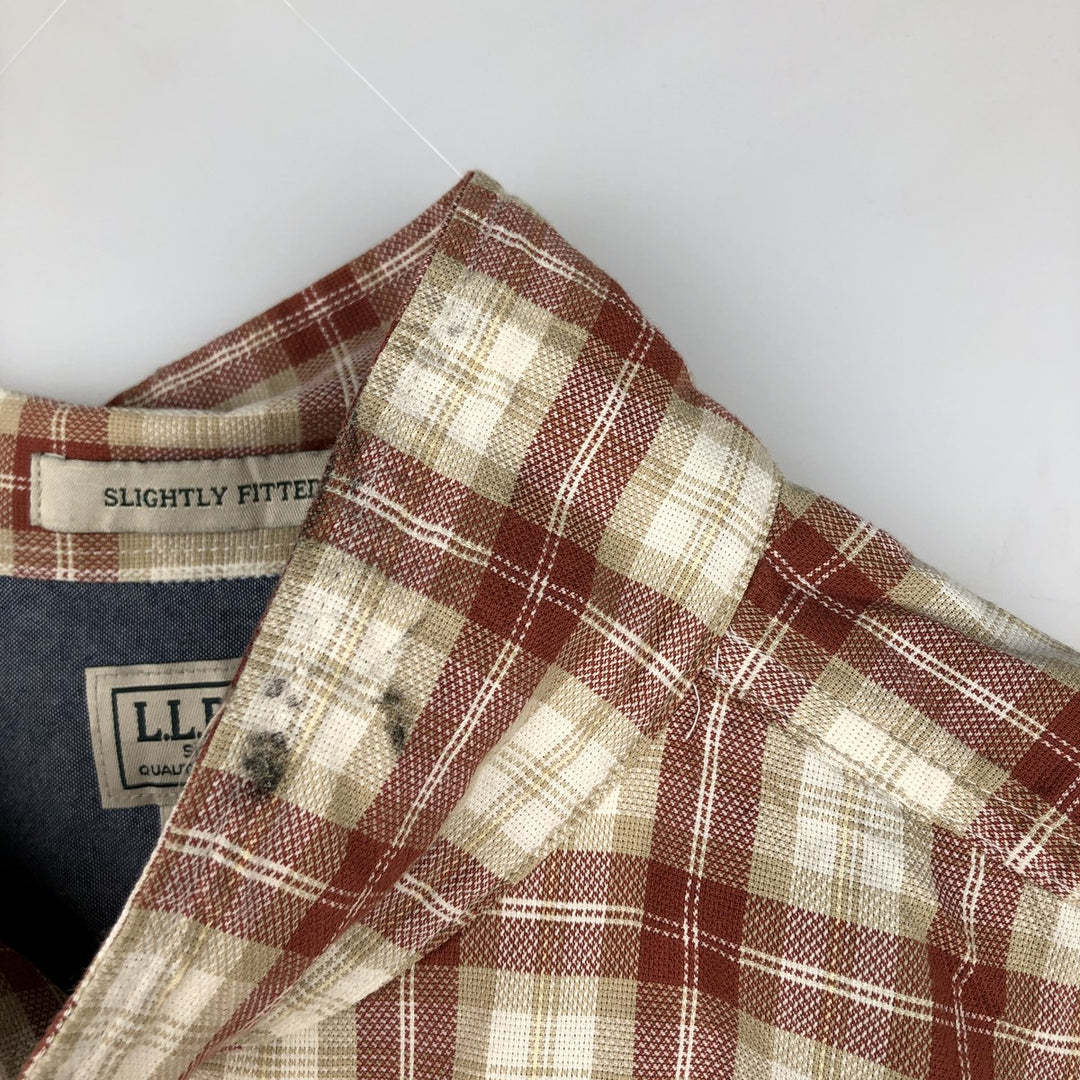 90s-00'S L.L.Bean SLIGHTLY FITTED Check Pattern Short-Sleeve Open Collar Cotton Shirt, Boxy Shirt, Men's XL equivalent. cotton ivory Vintage Second Hand