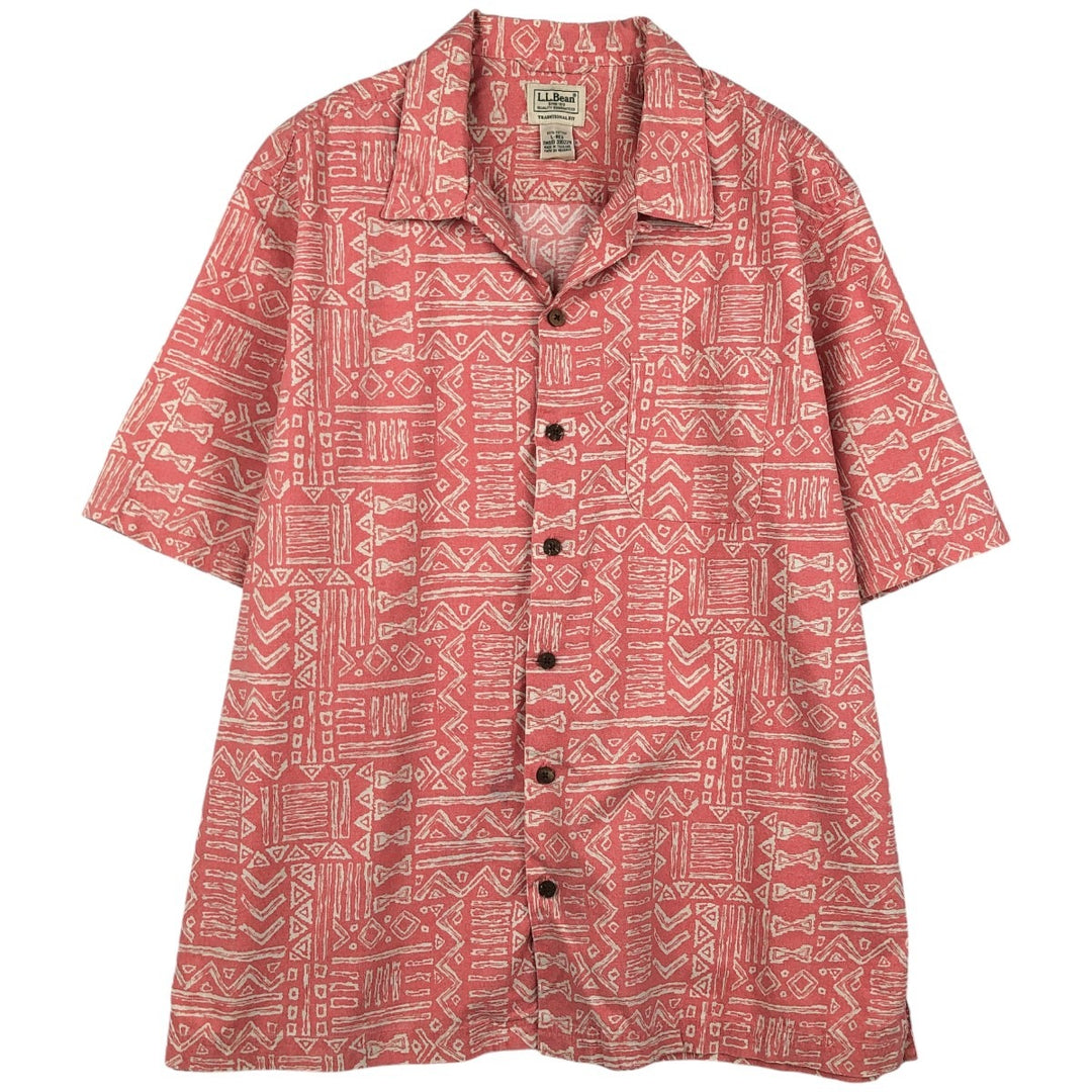 90s-00'S LL Bean Traditional Fit All-Over Print Short Sleeve Open Collar Cotton Box Shirt, Men's Size L cotton pink type Vintage Second Hand