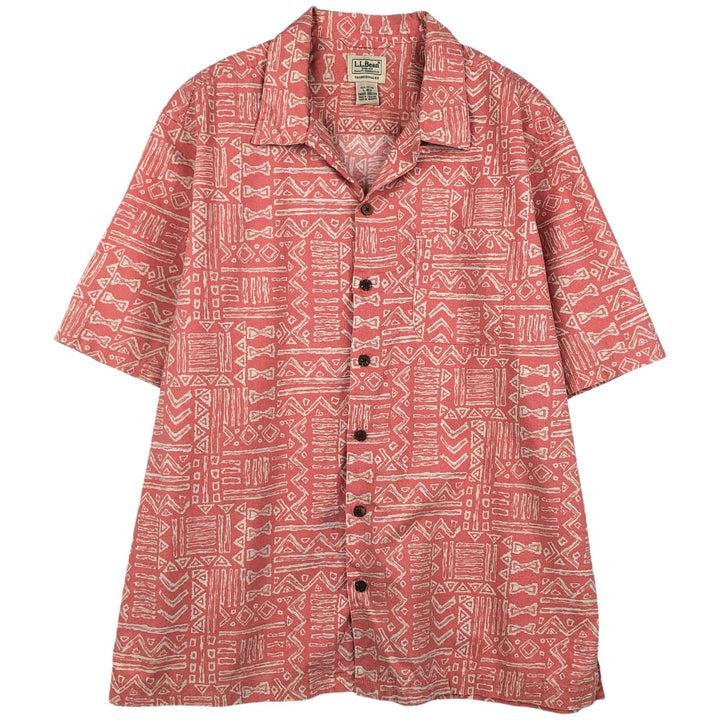 90s-00'S LL Bean Traditional Fit All-Over Print Short Sleeve Open Collar Cotton Box Shirt, Men's Size L cotton pink type Vintage Second Hand