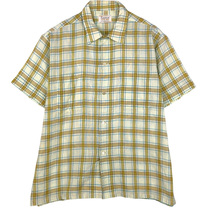60s-70'S CAMPUS Check Pattern Short-Sleeve Poly-Cotton Box Shirt, Made in USA, Men's Size L (Equivalent), Vintage polyester Khaki type sage green Vintage Second Hand