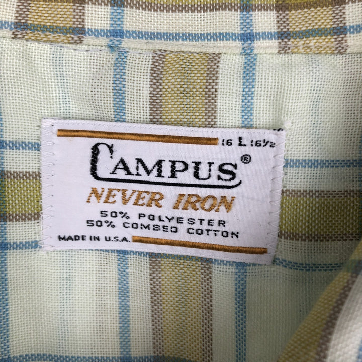 60s-70'S CAMPUS Check Pattern Short-Sleeve Poly-Cotton Box Shirt, Made in USA, Men's Size L (Equivalent), Vintage polyester Khaki type sage green Vintage Second Hand