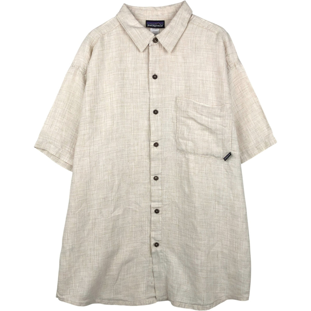 2000'S Patagonia 53141S7 Check Pattern Short-Sleeve Hemp Shirt, Boxy Shirt, Men's Size XL (approx.) Hemp unbleached Vintage Second Hand