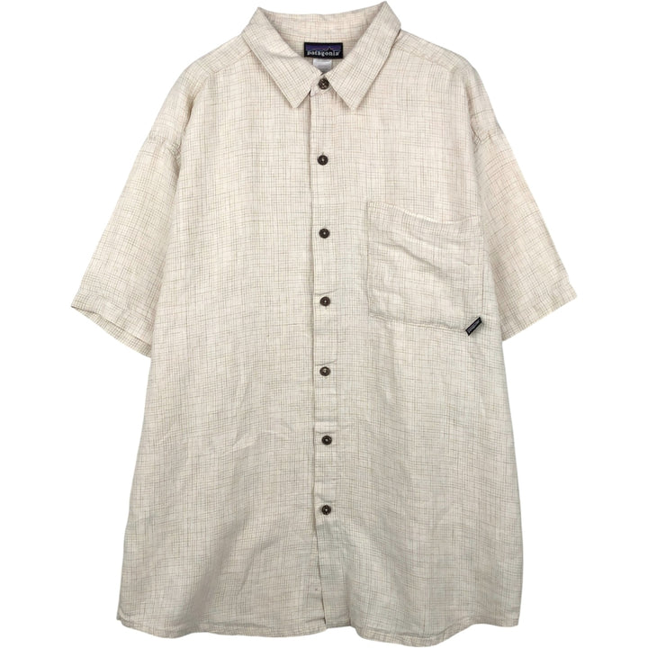 2000'S Patagonia 53141S7 Check Pattern Short-Sleeve Hemp Shirt, Boxy Shirt, Men's Size XL (approx.) Hemp unbleached Vintage Second Hand
