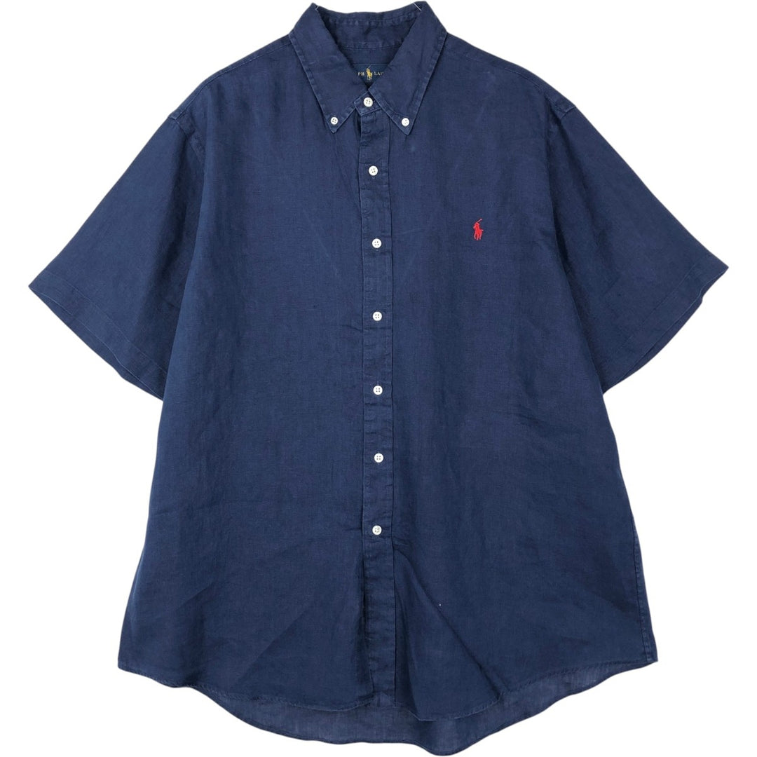 Ralph Lauren short-sleeved linen button-down shirt, men's size XL (approx.) linen navy blue type Vintage Second Hand