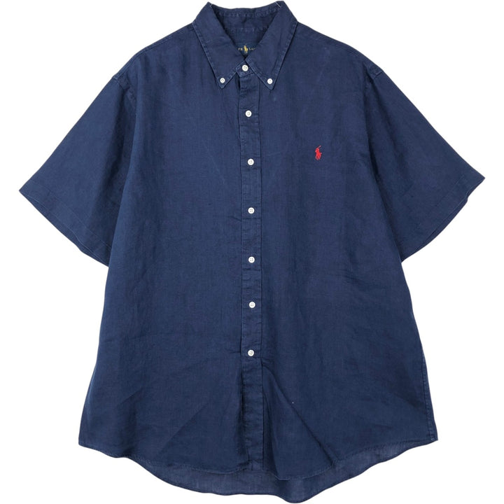 Ralph Lauren short-sleeved linen button-down shirt, men's size XL (approx.) linen navy blue type Vintage Second Hand