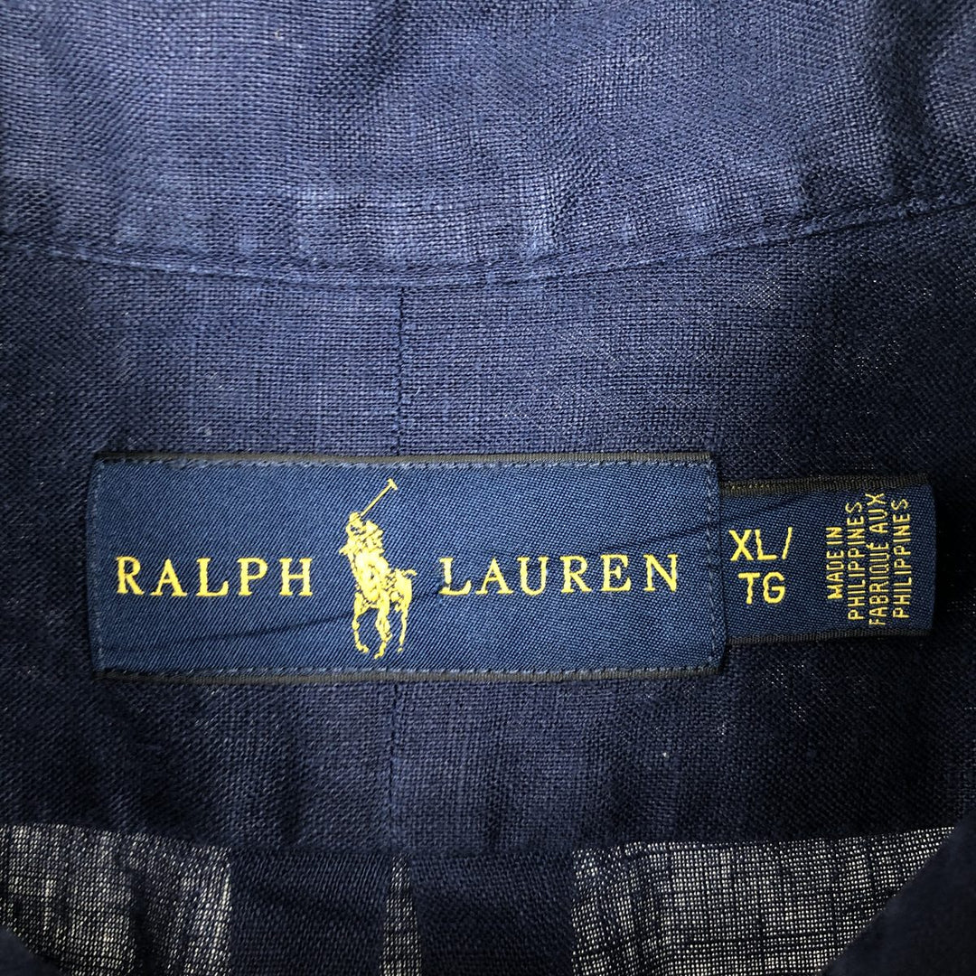 Ralph Lauren short-sleeved linen button-down shirt, men's size XL (approx.) linen navy blue type Vintage Second Hand