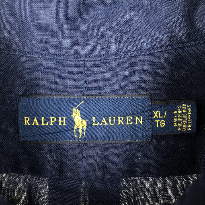 Ralph Lauren short-sleeved linen button-down shirt, men's size XL (approx.) linen navy blue type Vintage Second Hand
