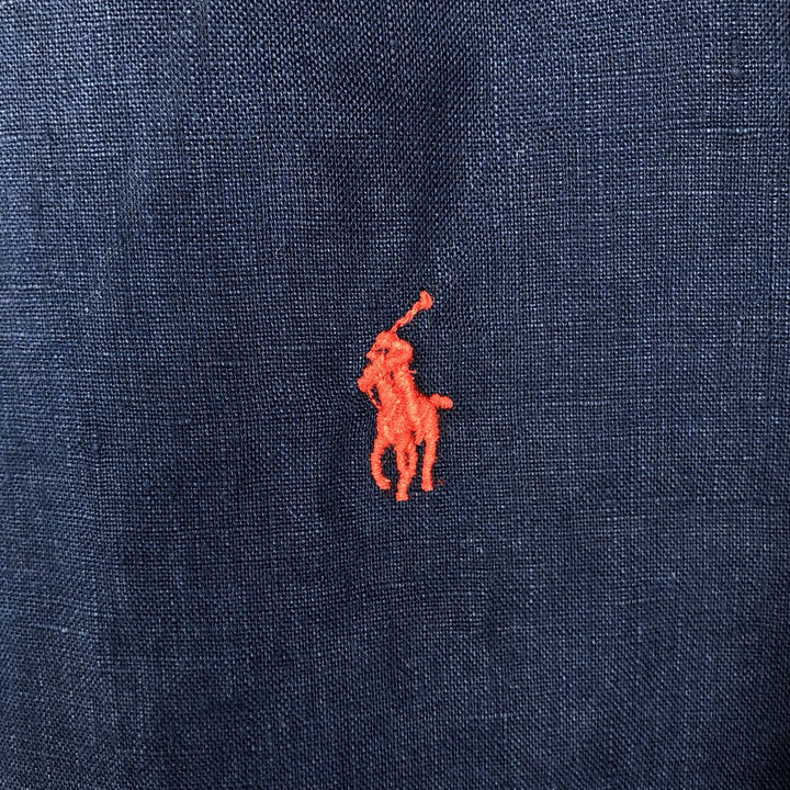 Ralph Lauren short-sleeved linen button-down shirt, men's size XL (approx.) linen navy blue type Vintage Second Hand