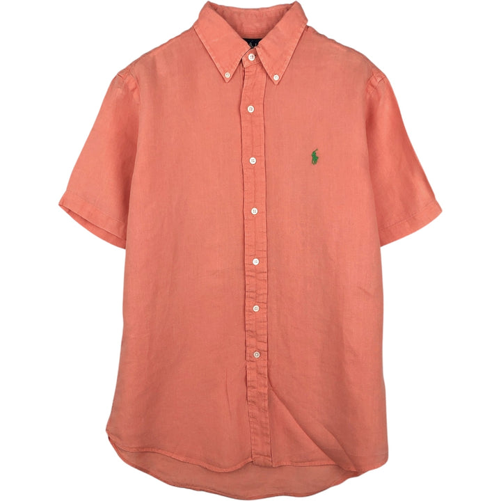 Ralph Lauren CUSTOM FIT short sleeve linen button down shirt, men's size M linen pink type Vintage Second Hand