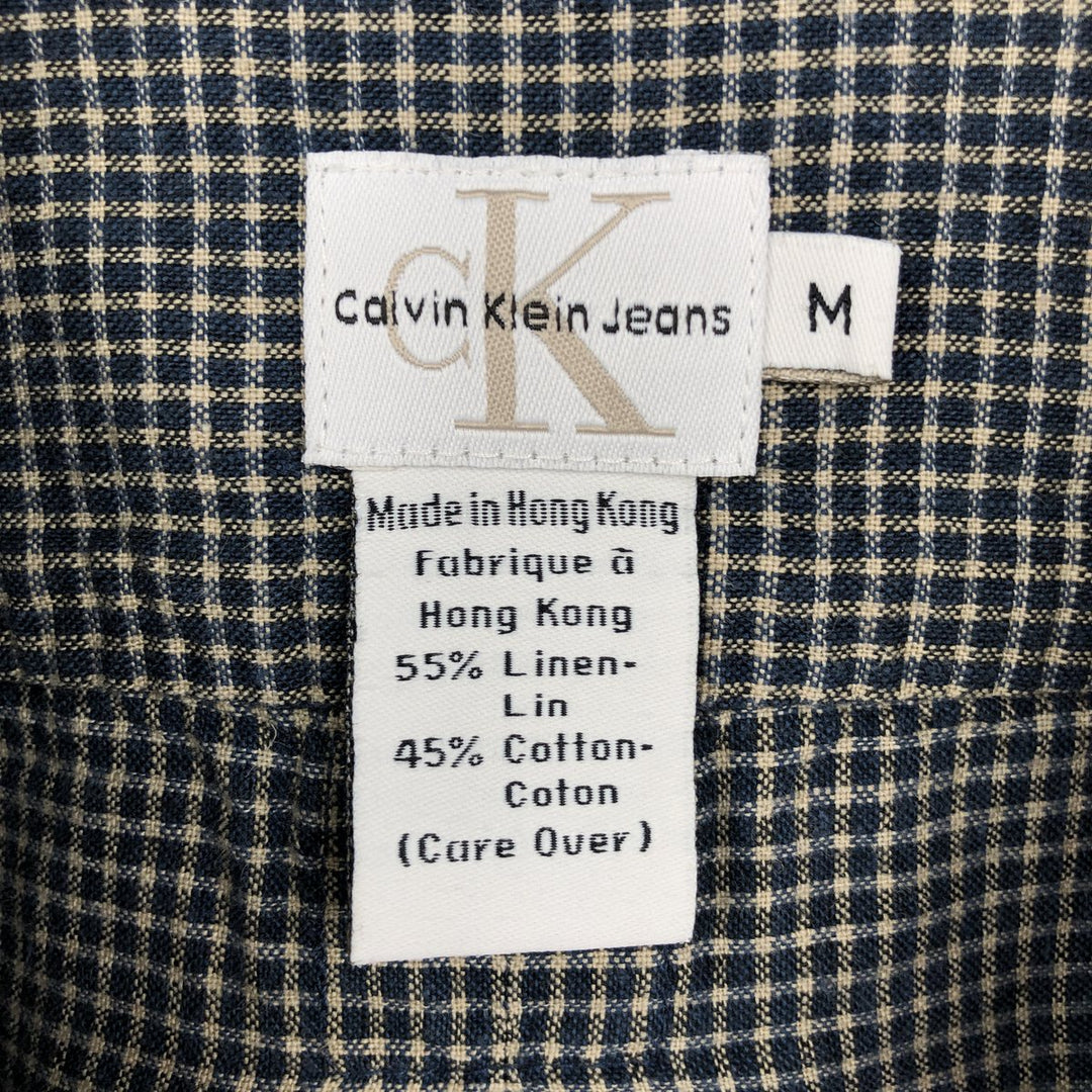 90s-00'S Calvin Klein Jeans Check Pattern Short-Sleeve Cotton x Linen Box Shirt, Men's Size M (approx.) linen navy blue type Vintage Second Hand