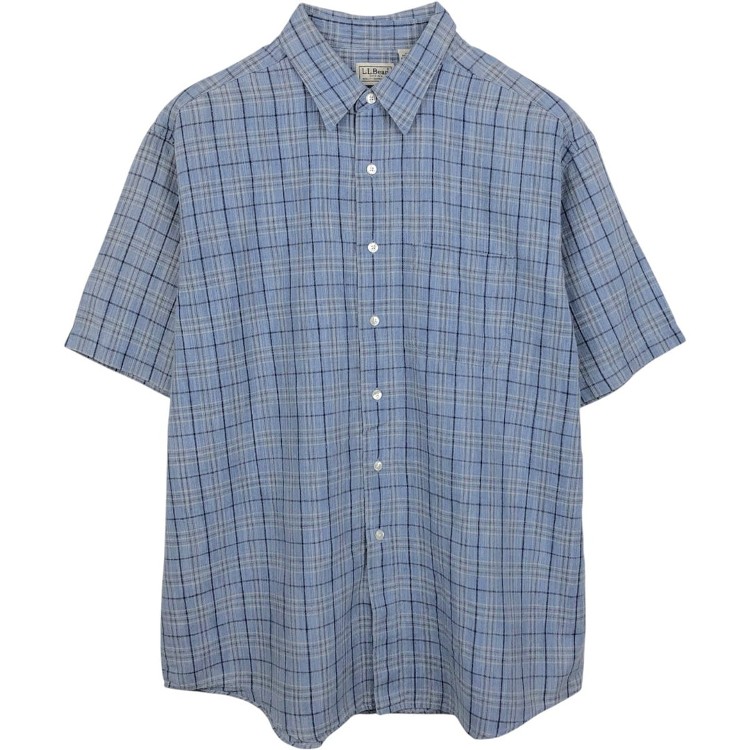 90s-00'S LLBean Check Pattern Short-Sleeve Cotton x Linen Shirt, Men's Size L (approx.) linen Blue type light blue Vintage Second Hand