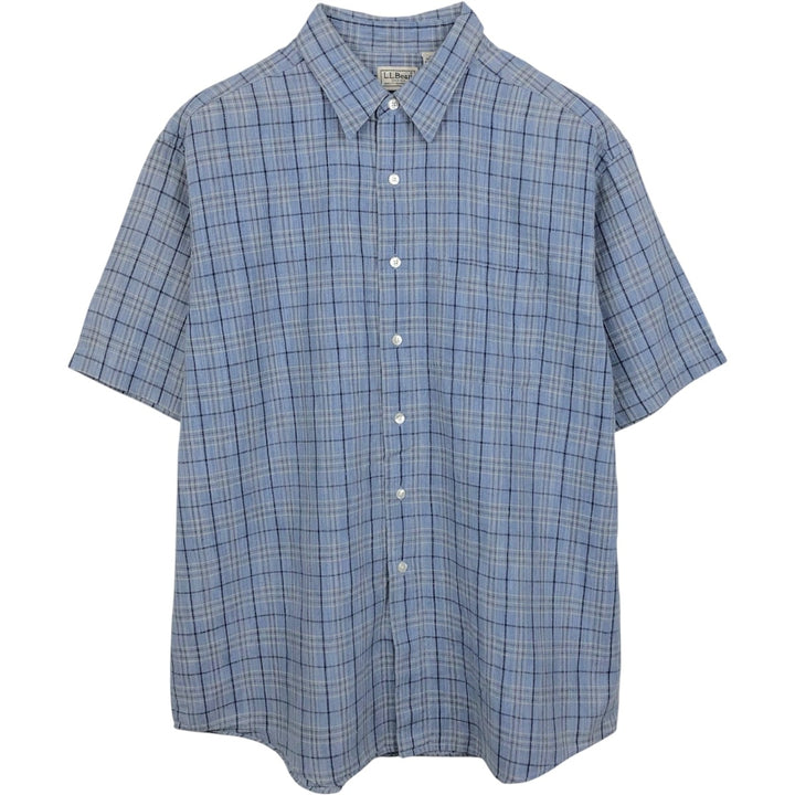 90s-00'S LLBean Check Pattern Short-Sleeve Cotton x Linen Shirt, Men's Size L (approx.) linen Blue type light blue Vintage Second Hand
