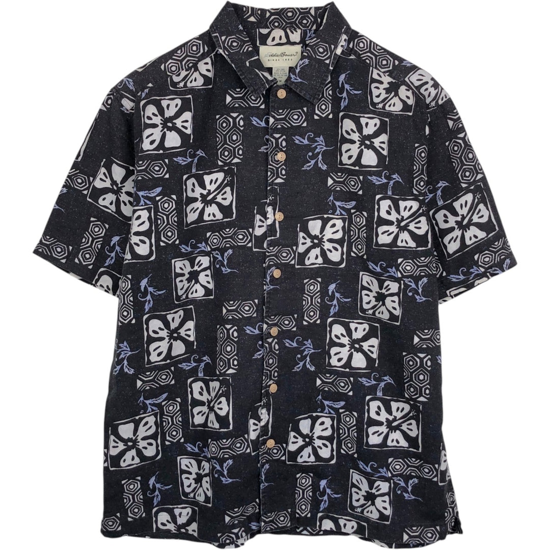 90s-00'S Eddie Bauer all-over print short-sleeved cotton x linen boxy shirt, men's size M. linen navy blue type Vintage Second Hand