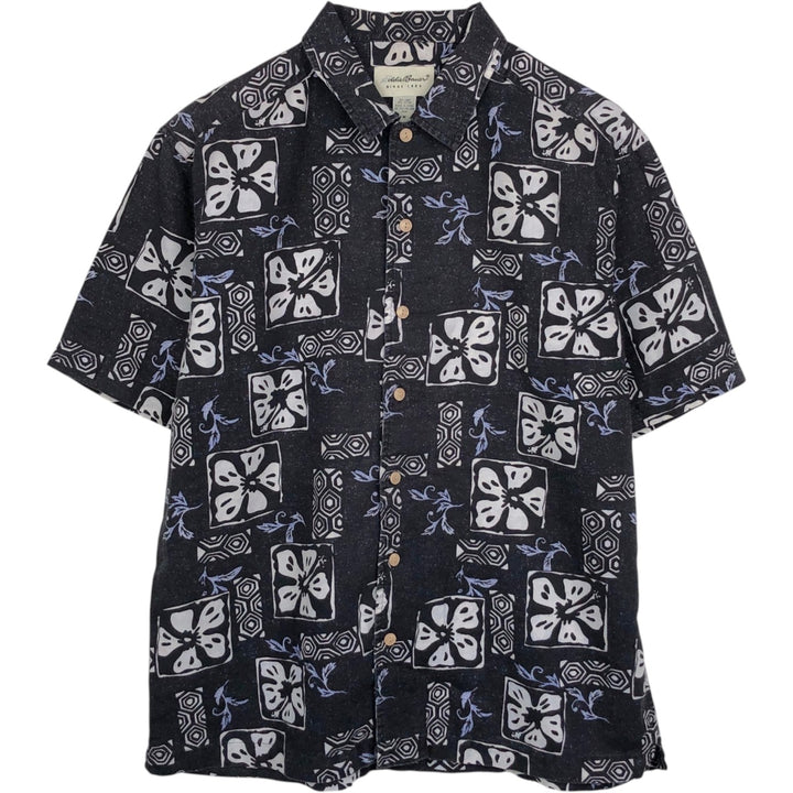 90s-00'S Eddie Bauer all-over print short-sleeved cotton x linen boxy shirt, men's size M. linen navy blue type Vintage Second Hand