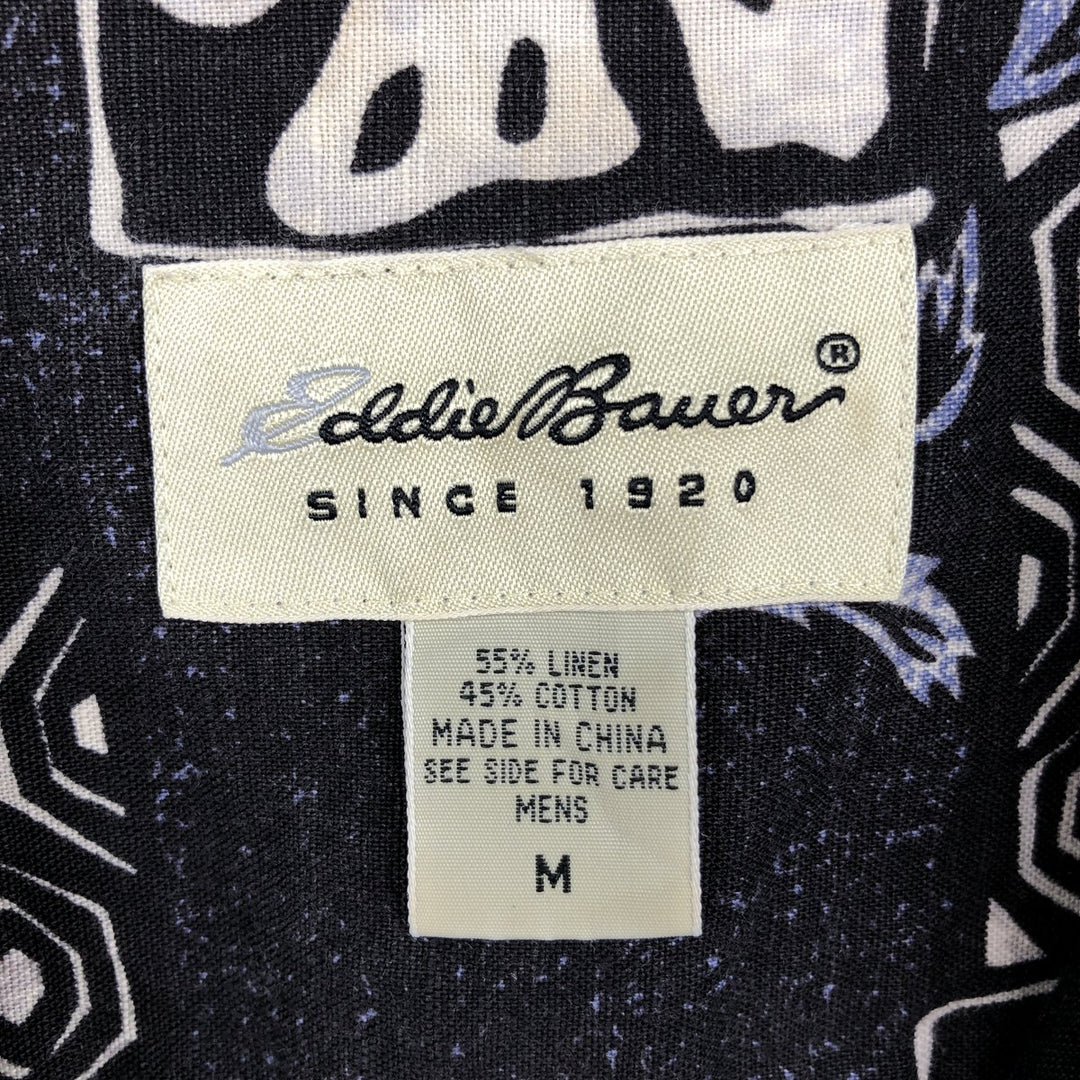 90s-00'S Eddie Bauer all-over print short-sleeved cotton x linen boxy shirt, men's size M. linen navy blue type Vintage Second Hand