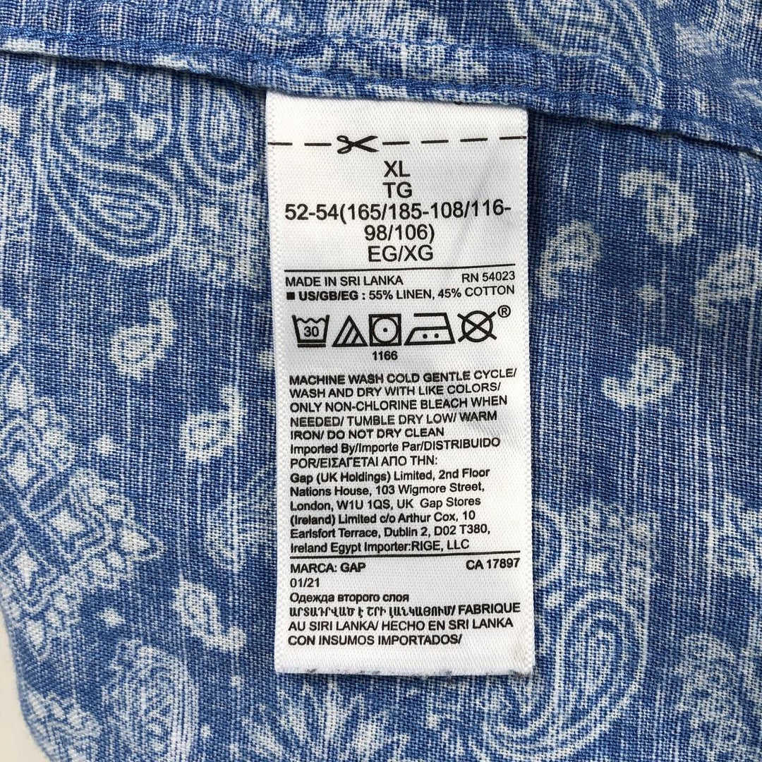GAP MADE WITH LINEN Bandana Pattern Short-Sleeve Open Collar Cotton x Linen Box Shirt (Men's XL equivalent) linen blue type Vintage Second Hand