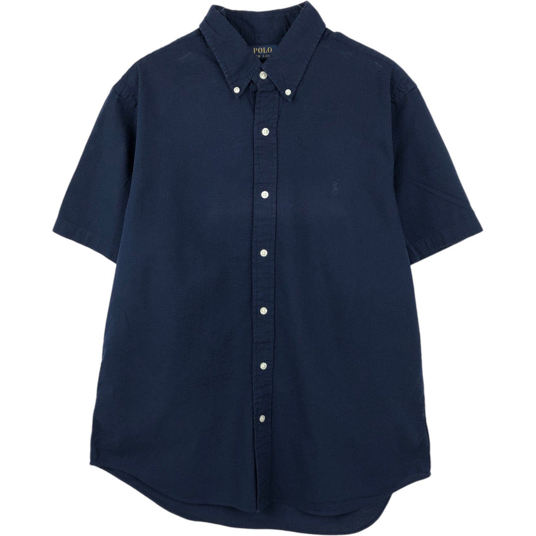 Ralph Lauren POLO RALPH LAUREN CLASSIC FIT Seersucker Short-Sleeve Button-Down Shirt, Men's Size L (approx.) cotton navy blue type Vintage Second Hand