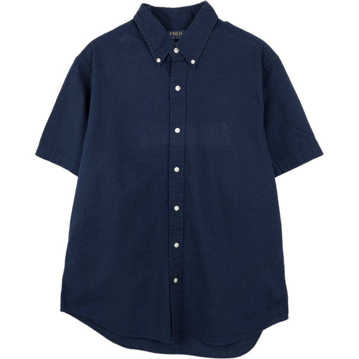 Ralph Lauren POLO RALPH LAUREN CLASSIC FIT Seersucker Short-Sleeve Button-Down Shirt, Men's Size L (approx.) cotton navy blue type Vintage Second Hand