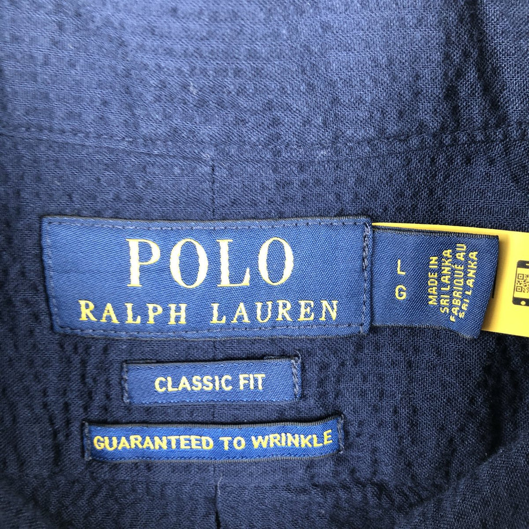 Ralph Lauren POLO RALPH LAUREN CLASSIC FIT Seersucker Short-Sleeve Button-Down Shirt, Men's Size L (approx.) cotton navy blue type Vintage Second Hand