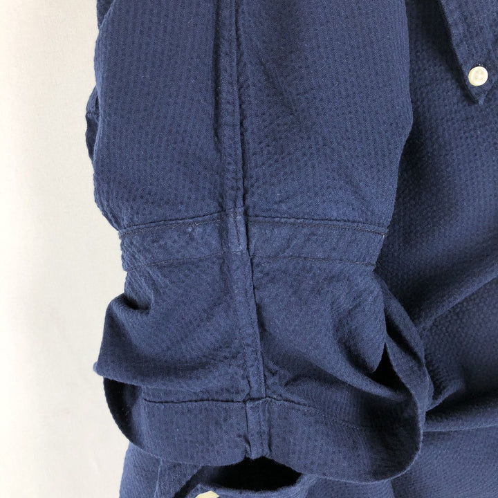 Ralph Lauren POLO RALPH LAUREN CLASSIC FIT Seersucker Short-Sleeve Button-Down Shirt, Men's Size L (approx.) cotton navy blue type Vintage Second Hand