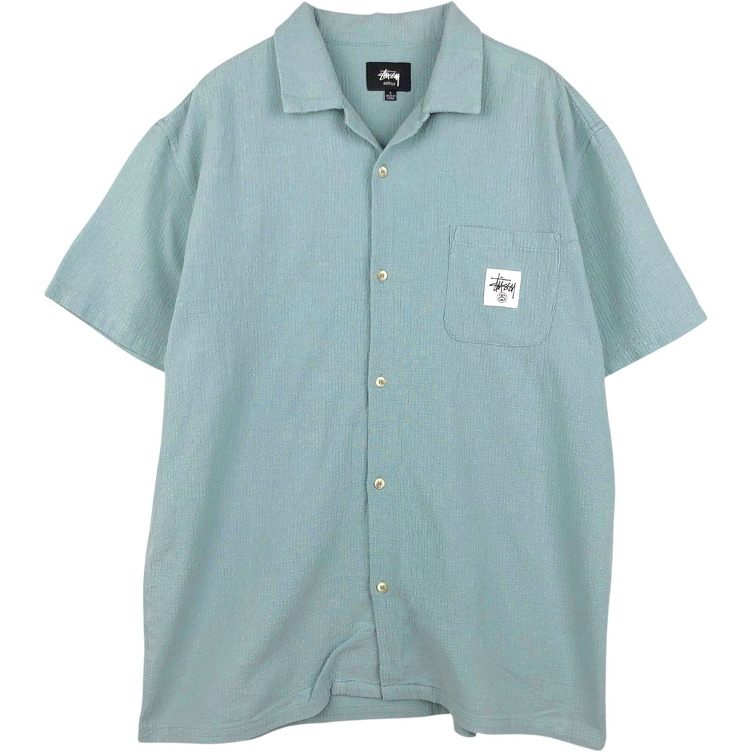 Stussy Short-Sleeve Open-Collar Cotton Shirt, Boxy Fit, Men's Size L (approx.) cotton Blue type light blue Vintage Second Hand