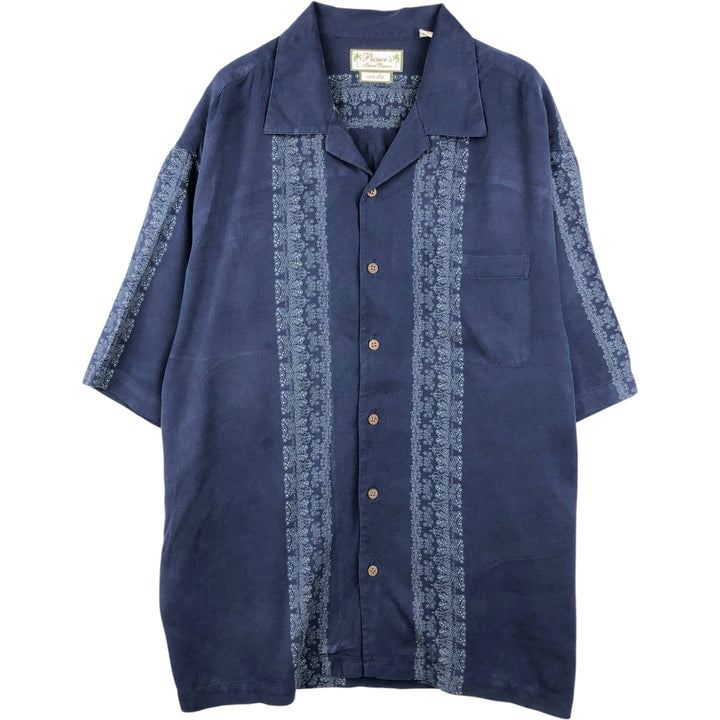 Pusser's Short-Sleeve Open-Collar Mexican Shirt, Cuban Shirt, Boxy Shirt, Men's Size L silk navy blue type Vintage Second Hand