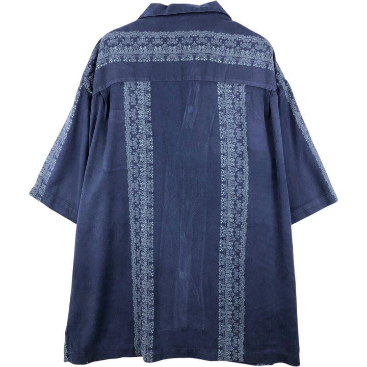 Pusser's Short-Sleeve Open-Collar Mexican Shirt, Cuban Shirt, Boxy Shirt, Men's Size L silk navy blue type Vintage Second Hand
