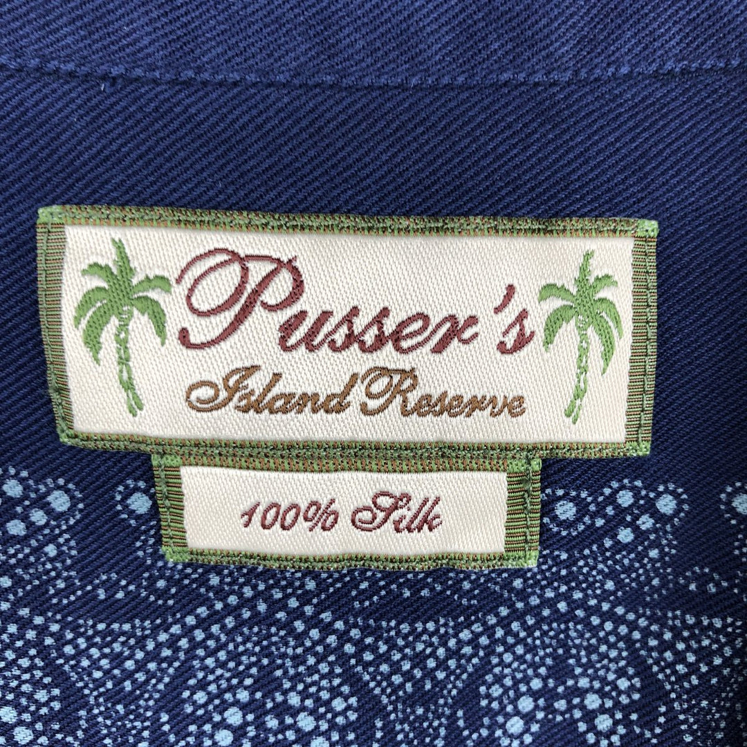 Pusser's Short-Sleeve Open-Collar Mexican Shirt, Cuban Shirt, Boxy Shirt, Men's Size L silk navy blue type Vintage Second Hand