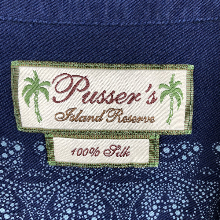 Pusser's Short-Sleeve Open-Collar Mexican Shirt, Cuban Shirt, Boxy Shirt, Men's Size L silk navy blue type Vintage Second Hand