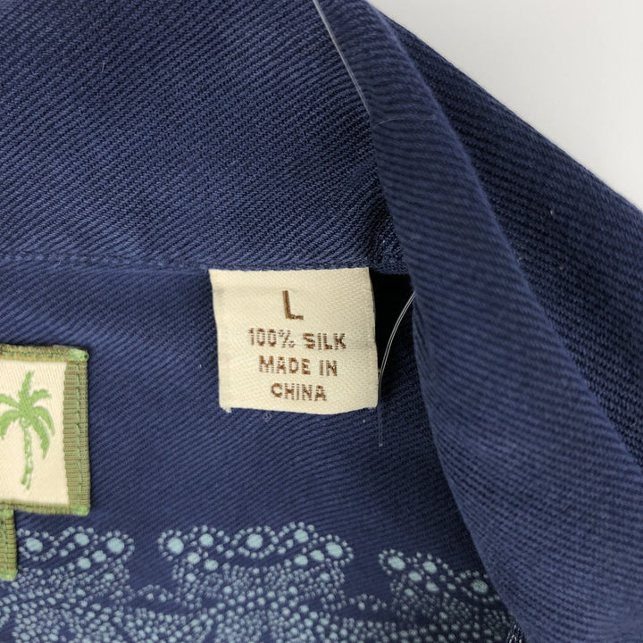 Pusser's Short-Sleeve Open-Collar Mexican Shirt, Cuban Shirt, Boxy Shirt, Men's Size L silk navy blue type Vintage Second Hand