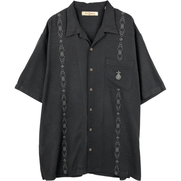 Tommy Bahama Short-Sleeve Open-Collar Mexican Shirt (Cuban Shirt, Boxy Shirt) - Men's Size L (approx.) silk black type Vintage Second Hand